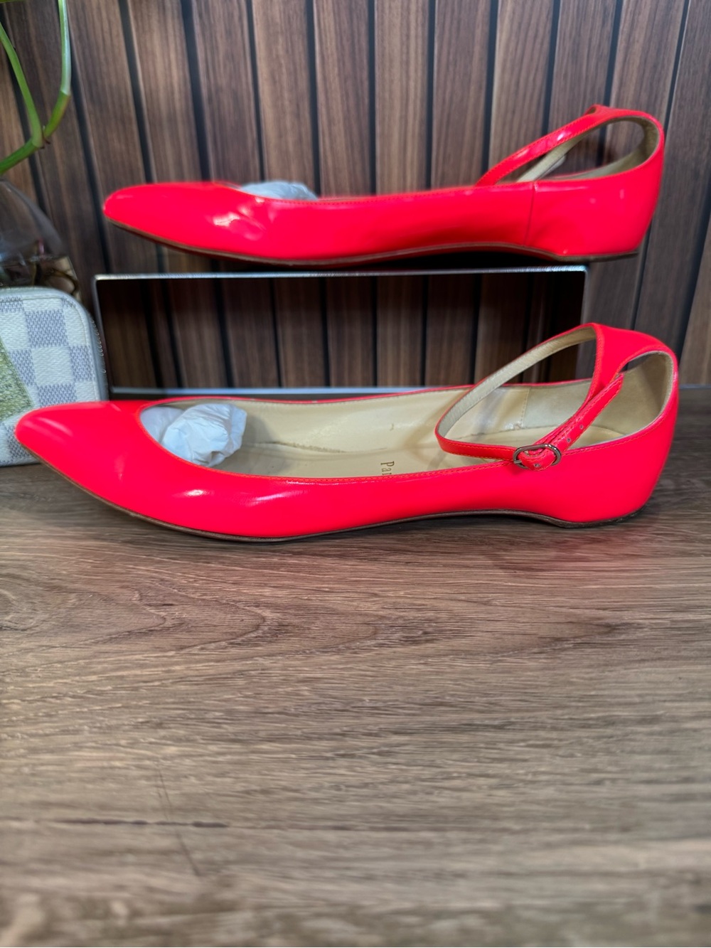 Christian Louboutin Hot Pink Patent Leather Pointed Red Bottom Flats, Size 37.5